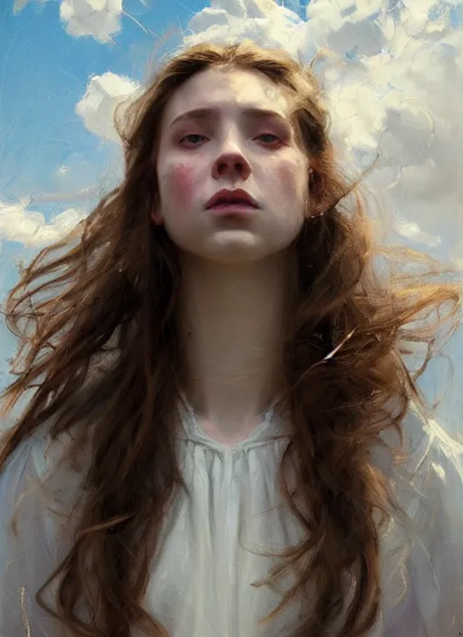 Image similar to portrait of girl dressed in white clothes , fantasy character portrait, dynamic pose, above view, sunny day, thunder clouds in the sky, artwork by Jeremy Lipkin and Giuseppe Dangelico Pino and Michael Garmash and rob rey, levitation, very coherent symmetrical artwork, perfect face, simple form