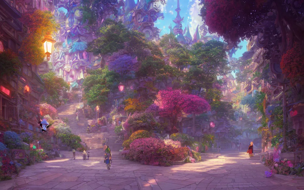 Prompt: a dreamy otherworldly 3 d render of stone pathway through lively city full of animals, studio ghibli, pixar and disney exploded - view drawing, sharp, disney octane render splatter paint vray by shinji kimura and alphonse mucha and alena aenami, maximalist pastel color palette, ( ( bloom ) ), dramatic lighting