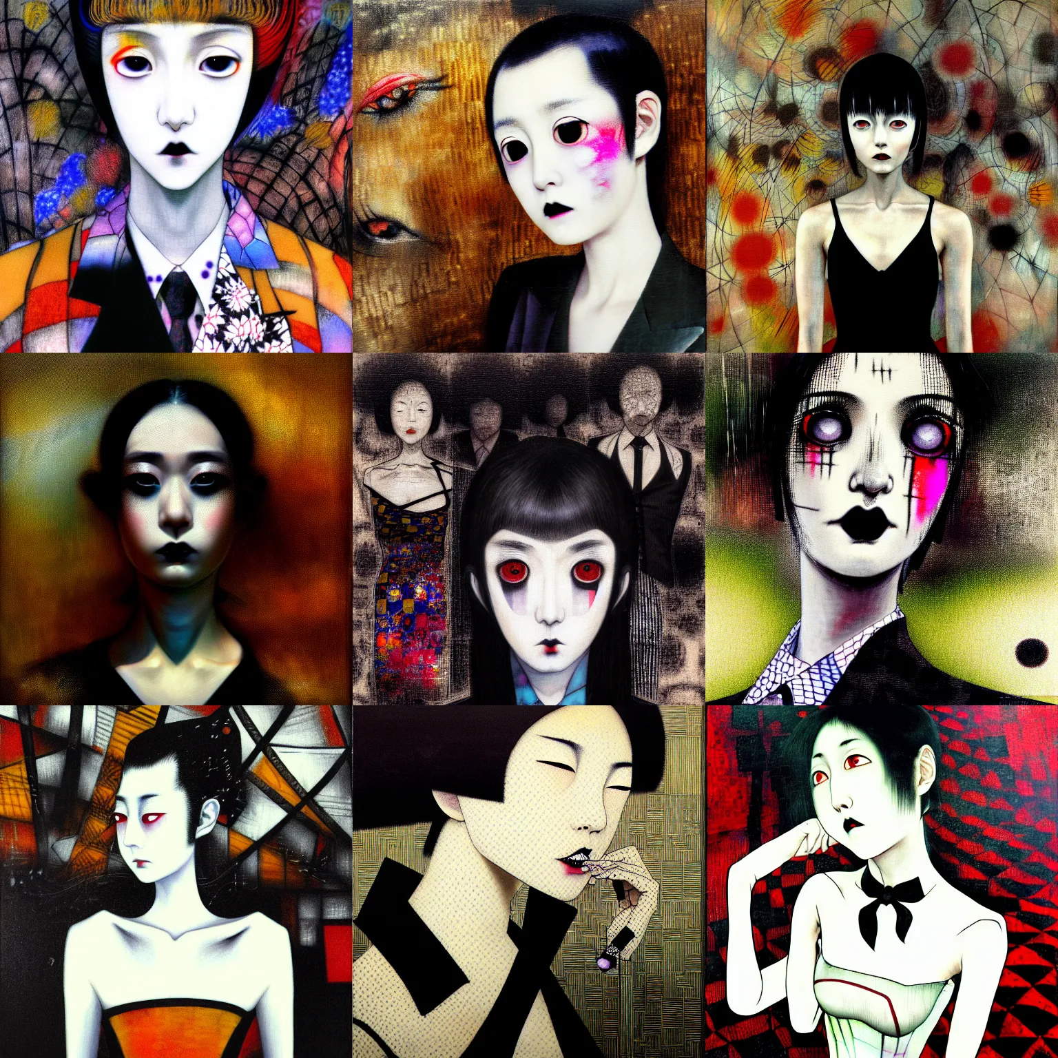 Image similar to yoshitaka amano blurred and dreamy realistic three quarter angle portrait of a young woman with black lipstick and black eyes wearing dress suit with tie, junji ito abstract patterns in the background, satoshi kon anime, noisy film grain effect, highly detailed, renaissance oil painting, weird portrait angle, blurred lost edges