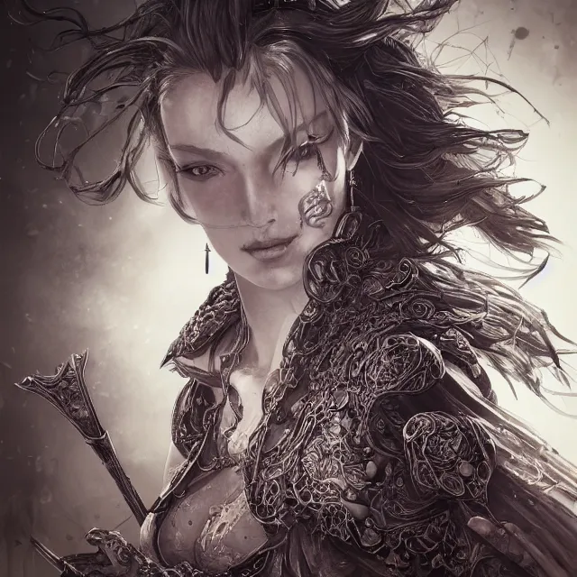 Image similar to the portrait of neutral evil fallen female knight vagabond as absurdly beautiful, gorgeous, elegant, sophisticated, woman, an ultrafine hyperdetailed illustration by kim jung gi, irakli nadar, intricate linework, bright colors, octopath traveler, final fantasy, unreal engine 5 highly rendered, global illumination, radiant light, detailed and intricate environment