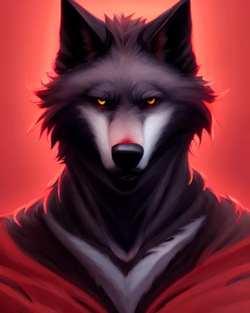 Image similar to character concept art of a black anthropomorphic furry male wolf with red hair | | handsome - fine - face, pretty face, key visual, realistic shaded perfect face, fine details by stanley artgerm lau, wlop, rossdraws, james jean, andrei riabovitchev, marc simonetti, and sakimichan, trending on artstation