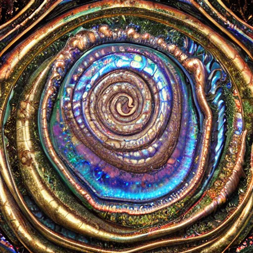 Image similar to Art Nouveau cresting oil slick waves, hyperdetailed bubbles in a shiny iridescent oil slick wave, ammolite, dinosaur bone, detailed giant opalized ammonite shell, black opal, abalone, paua shell, ornate copper patina medieval ornament, rococo, organic rippling spirals, octane render, 8k 3D, druzy geode, cresting waves and seafoam