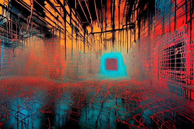 Image similar to the inside of a symmetrical hellish dungeon, multilayer glitch effect in spatial perceptron synapses, matte painting, 4 k, epic composition, volumetric light, abstract illusionism, by william stout, jean - michel basquiat, pour paint, modern street art, grunge wall, industrial