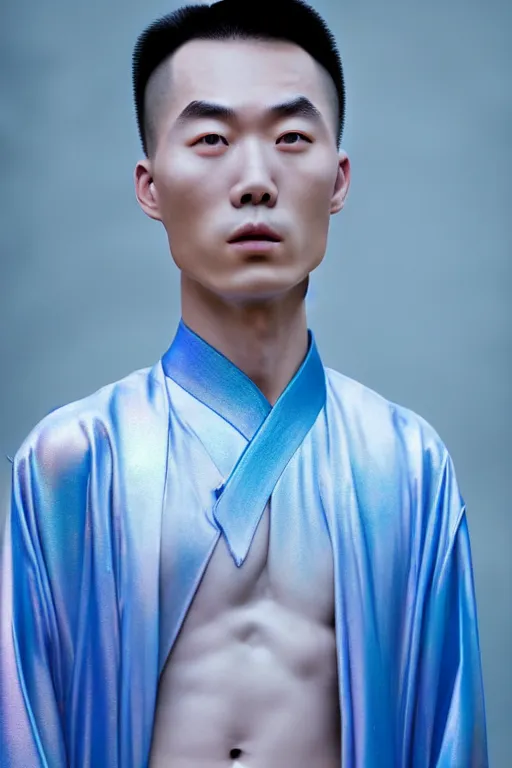 Image similar to high quality 35mm photo very expressive pearlescent! chinese man exoskeleton highly detailed eric zener elson peter cinematic blue lighting high angle hd 8k sharp shallow depth of field