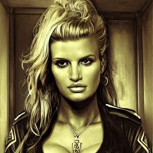 Image similar to jessica simpson as a cop, portrait face and bust in view, haunted house interior, pretty, aesthetic, matte detailed photo, DeviantArt, Artstation, by donato giancola, ralph horley, loish, cinematic lighting