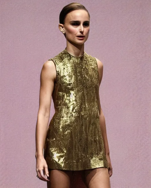 Prompt: nathalie portman at new york fashion week, in a risque outfit made from gold foil, by greg rutkowski, high fashion, female beauty, intricate detail, elegance, sharp shapes, soft lighting, vibrant colors, masterpiece