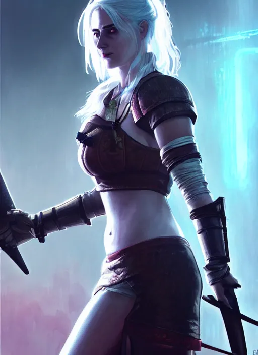 Image similar to portrait of Ciri from the Witcher wearing a sci-fi outfit as a character from Cyberpunk 2077, looking at camera, intricate, elegant, sci-fi, extremely detailed, digital painting, artstation, concept art, smooth, sharp focus, illustration, ambient lighting, incredible art by artgerm and greg rutkowski and alphonse mucha and simon stalenhag