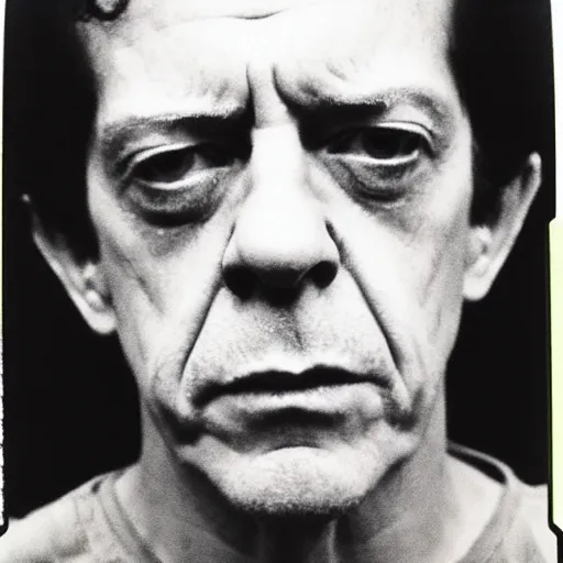 Image similar to Mugshot Portrait of Lou Reed, taken in the 1970s, photo taken on a 1970s polaroid camera, grainy, real life, hyperrealistic, ultra realistic, realistic, highly detailed, epic, HD quality, 8k resolution, body and headshot, film still, front facing, front view, headshot and bodyshot, detailed face, very detailed face