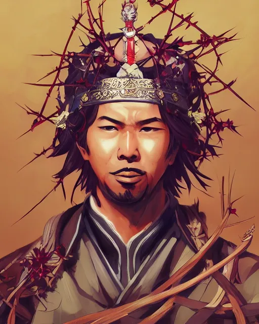 Image similar to an anime portrait of najib razak as a beautiful man wearing a kimono and a crown of thorns from skyrim, by stanley artgerm lau, wlop, rossdraws, james jean, andrei riabovitchev, marc simonetti, and sakimichan, trending on artstation