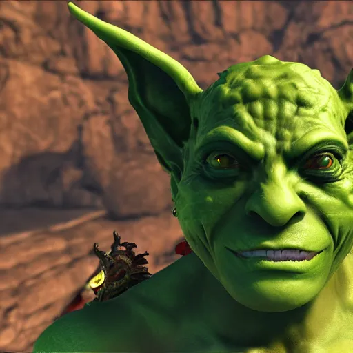 Prompt: medium portrait of a goblin, green skin, ffxiv, final fantasy 1 4 screenshot, octane render, 8 k, fantasy, rule of thirds, sharp focus