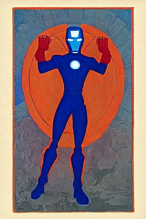 Image similar to iron man, marvel, artwork by nicholas roerich