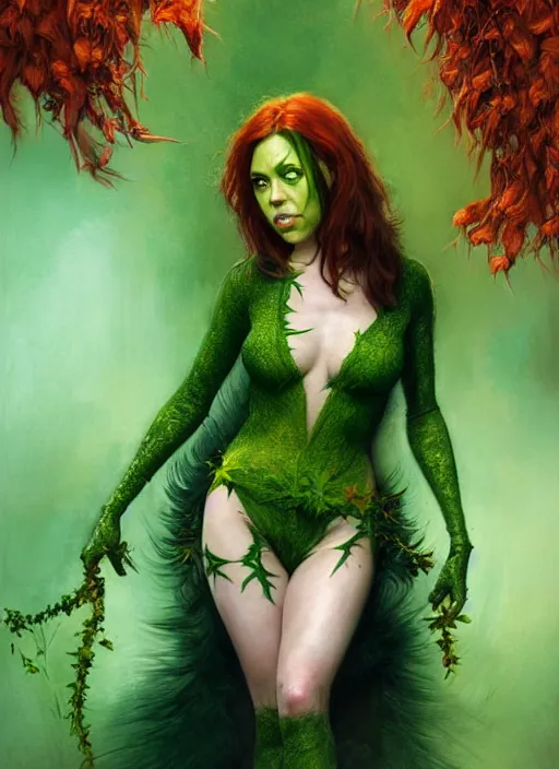 Prompt: A beautiful portrait of Aubrey Plaza as Poison Ivy from Batman movie, digital art by Eugene de Blaas and Ross Tran, vibrant color scheme, highly detailed, in the style of romanticism, cinematic, artstation, Greg rutkowski