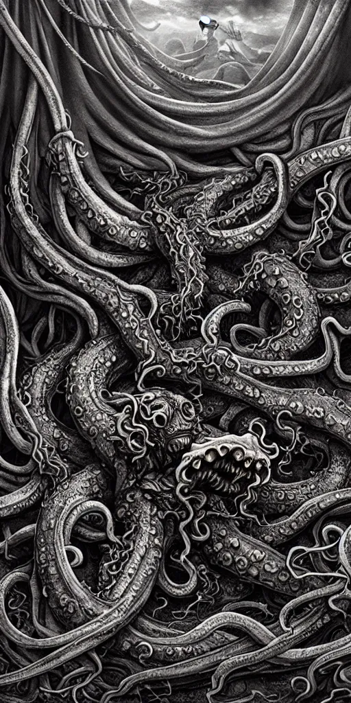 Image similar to extra wide view. Kraken. marvellous magic. Ominous. Gothic medieval baroque. Dry ground cracks. Hyper-detailed. Hyperreal. Photoreal