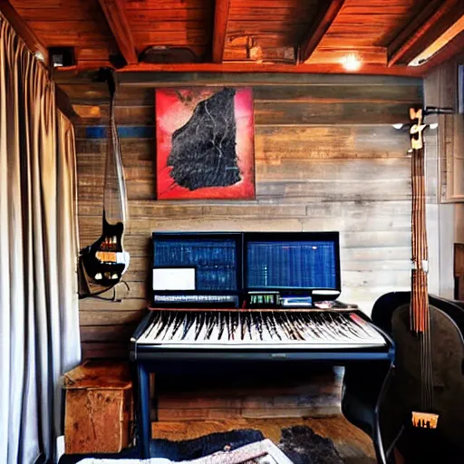 Image similar to super cool and cozy music studio at night cottagecore interior