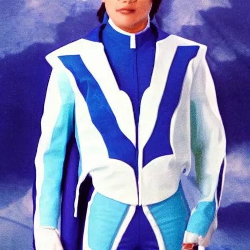 Prompt: a photograph of a super sentai Ranger wearing a dolphin themed blue and white suit, 80s aesthetic