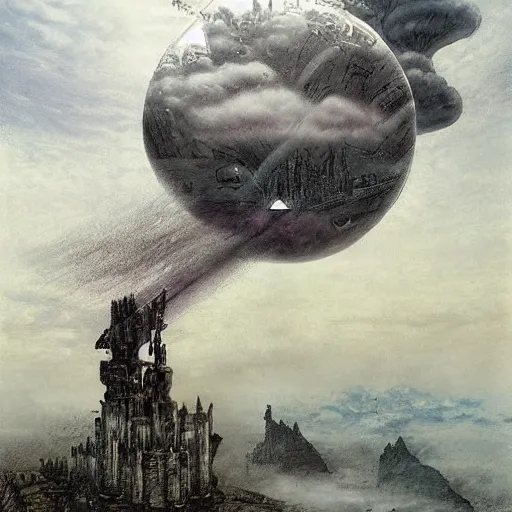 Image similar to swirling futuresynth by jakub rozalski, by paul laffoley. a beautiful drawing of a castle in the clouds.