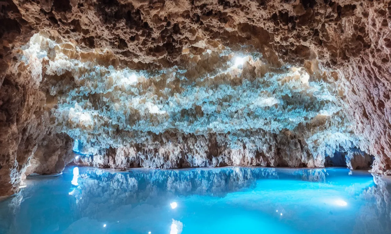 Image similar to an extremely large cave, brightly lit, filled with quartz crystal formations, pools of water