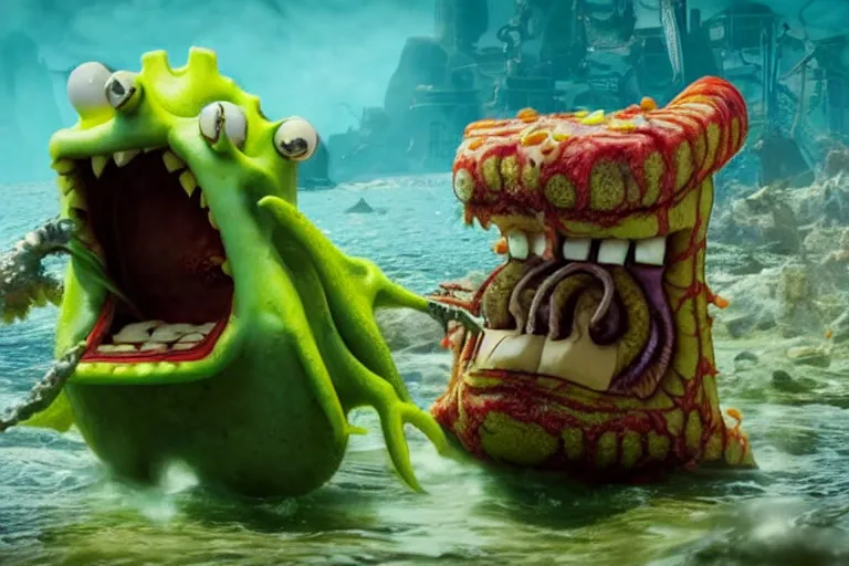 Image similar to Spongebob Cthulhu chimera with fangs eating a fish, photorealistic still from action movie