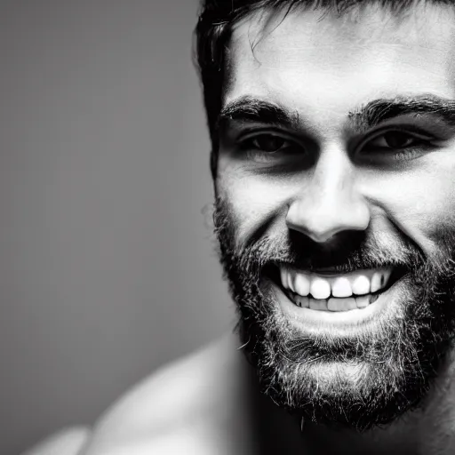 Image similar to Black and white photography of a very muscular man smiling with a chiseled jawline and trimmed beard