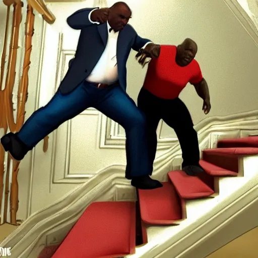 Prompt: A beautiful extremely detailed 8k render from artstation of Ving Rhames kicking Donald Trump down a long set of stairs into a toilet