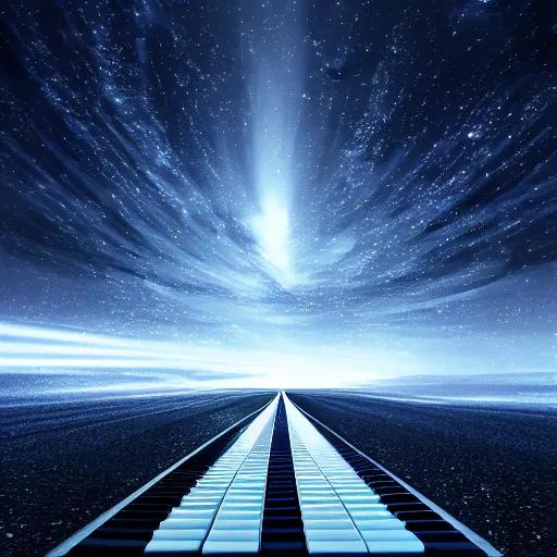 Image similar to endless road that looks like a piano in space, digital art