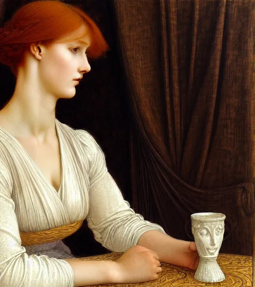 Image similar to portrait of a beautiful auburn - haired woman sitting upon a table with heightened detail, poised, intense emotion, detailed facial expression, detailed surroundings, intricate, elegant, highly detailed, centered, digital painting, artstation, concept art, smooth, sharp focus, illustration, by ( sir edward coley burne - jones ), wlop