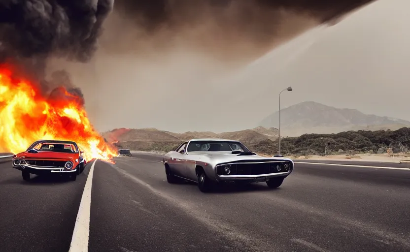 Prompt: a silver 1 9 7 0 plymouth ‘ cuda hemi super track pack driving on a freeway. fire explosion in the background, action scen. realistic. high resolution. dramatic