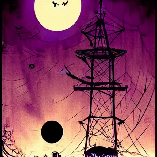 Image similar to artgerm, norman rockwell, abigail larson, purple color pallete, welcome to night vale, radio tower with black hole above it, spooky strange weird quirky, cartoon, 2 d, chiral lighting