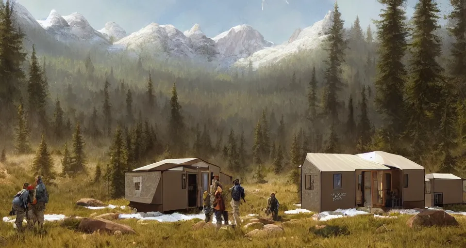 Prompt: cabela's beautiful comfortable community of modular insulated wall container home kit - house all weather military grade family dwelling tent house, person in foreground, mountainous forested wilderness open fields, beautiful views, painterly concept art, environmental concept art, concept art illustration, by james gurney, by craig mullins, by greg rutkowski trending on artstation