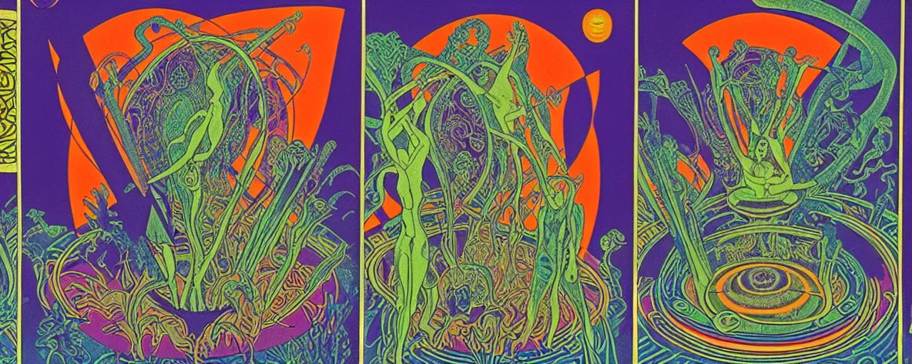 Image similar to 1968 psychedelic, tarot cards, cut out collage, neon Greek, dusk on Jupiter, epic theater, deep jungle texture, aquatic plants, Jugendstil drawings, in part by Alex Grey, part by Moebius, composition William S Boroughs, written by H. P. Lovecraft