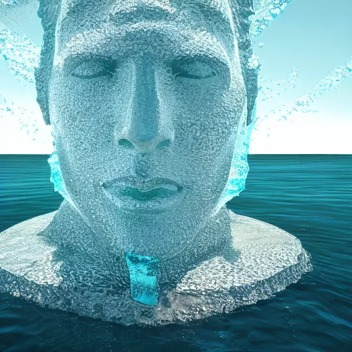 Image similar to a giant aqua sculpture of a human head on the ocean water, cinematic, in the style of chad knight, long shot, hyper detailed, hyper realistic, ray tracing, 8 k resolution, sharp focus, realistic water, award winning