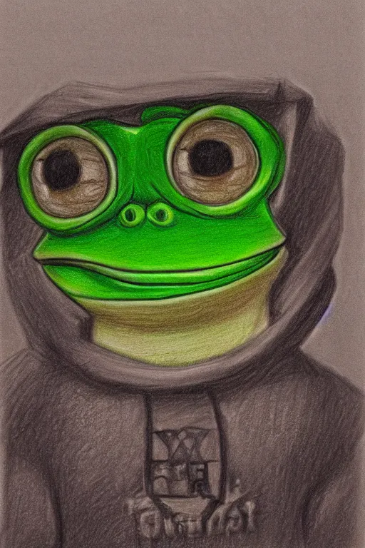 Image similar to portrait drawing of pepe the frog, ultra detailed highly realistic, trending on artstation, rule of thirds, extreme high detail, soft lighting, rim light, volumetric lighting and effects,