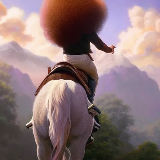 Prompt: bob ross!!! riding!!! a unicorn!!, giant afro!, model pose, ultra realistic, concept art, intricate details, highly detailed, photorealistic, octane render, 8 k, unreal engine. art by artgerm and greg rutkowski and alphonse mucha