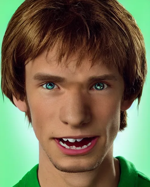 Prompt: dramatically - lit closeup portrait photograph of norville shaggy rogers from the scooby - doo live - action film ( 2 0 0 2 ), sharp details, vignette, high saturation, smooth textured skin, subsurface scattering, green shirt, photograph by mark mann and martin schoeller, 4 k, soft focus, centered, symmetrical