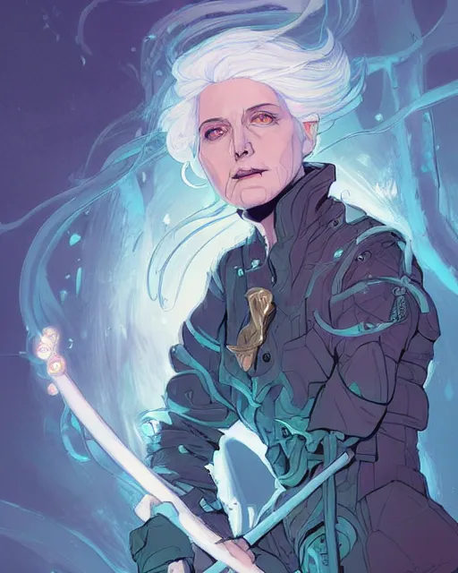 Image similar to a white-haired witch holding a gnarled walking staff, glowing iridescent accents, digital apex legends illustration portrait, gorgeous lighting, wide angle action dynamic portrait, art by Josan Gonzalez, blue and gold palette, high contrast