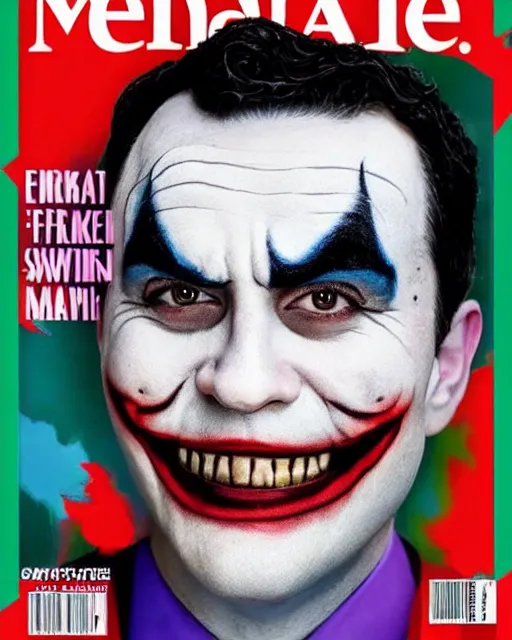 Image similar to portrait photograph of ben shapiro smiling and wearing joker makeup, magazine cover, soft focus, times magazine, 8 k, 3 5 mm, award - winning