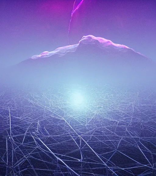 Image similar to surreal crystalized synapse, aerial iridecent veins, moonbow, foggy sky, dark starry night, octane render, unreal engine, pale colors, high detail, 8 k, wide angle, trending on artstation, behance