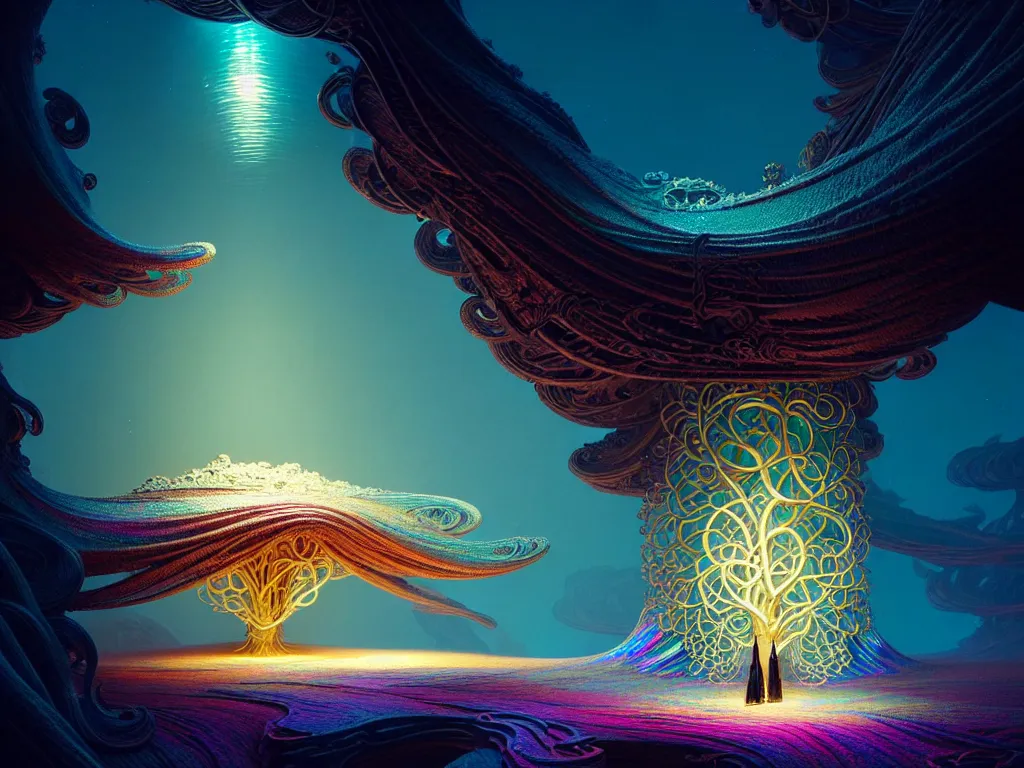 Image similar to iridescent opalescent landscape, warm tones, bioluminescent : by michal karcz, daniel merriam, victo ngai and guillermo del toro : ornate, dynamic, particulate, intricate, elegant, highly detailed, centered, artstation, smooth, sharp focus, octane render