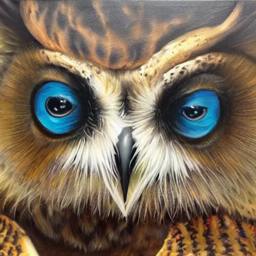 Image similar to hybrid animal cross between alien and a an owl detailed oil painting 8k
