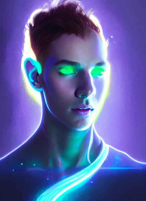 Image similar to a male faceless glowing liquefied stardust adventurer, dnd fantasy character, full body portrait, glowing neon skin, magical aura, ultra realistic, intricate, elegant, highly detailed, digital painting, artstation, smooth, sharp, focus, illustration, art by artgerm and greg rutkowski and alphonse mucha