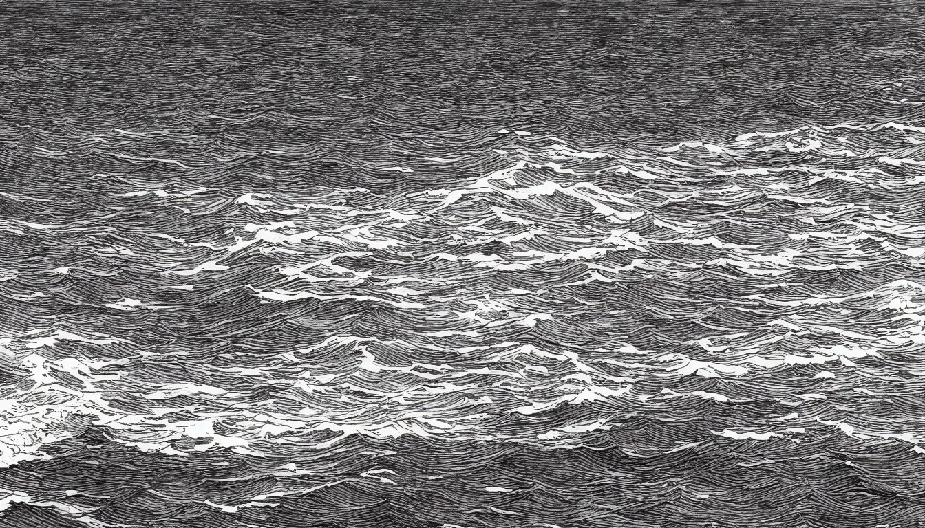 Prompt: huge open ocean oceanscape with horizon drawing by Moebius, minimalist, detailed, black and white drawing