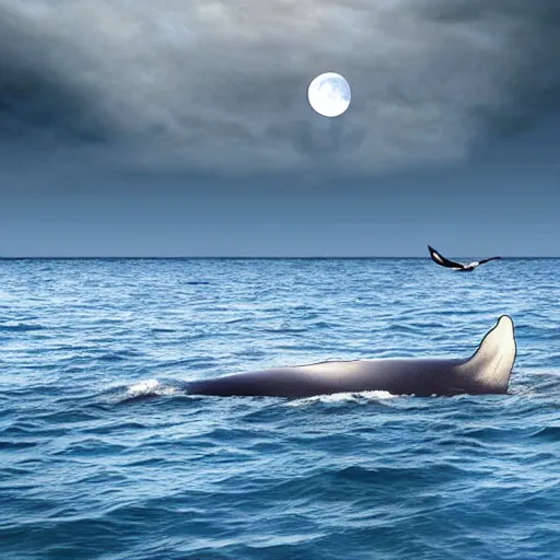 Prompt: realistic ocean in the sky, dusk, whale, clouds, moon, water, seagulls - H 1024 - W 640 - n 9 - i