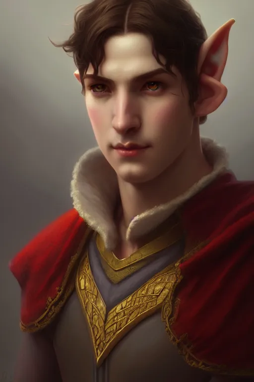 Image similar to a portrait of male Elf, illustration, soft lighting, soft details, painting oil on canvas by Edmund Blair Leighton and Charlie Bowater octane render trending on artstation d&d characters, 4k, 8k, HD