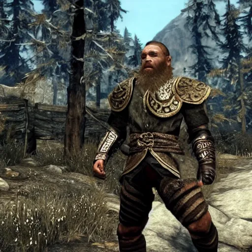 Image similar to character screenshot of conor mcgregor in skyrim, female armor, npc talking, wilderness, 1 0 8 0 p, bokeh, elder scrolls v, detailed, dialog text