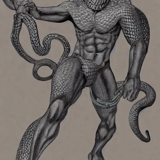 Image similar to a male naga, serpent body, kentaro miura art style