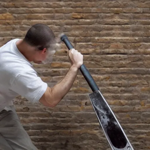 Image similar to an insane man hitting a table with an aluminum baseball bat