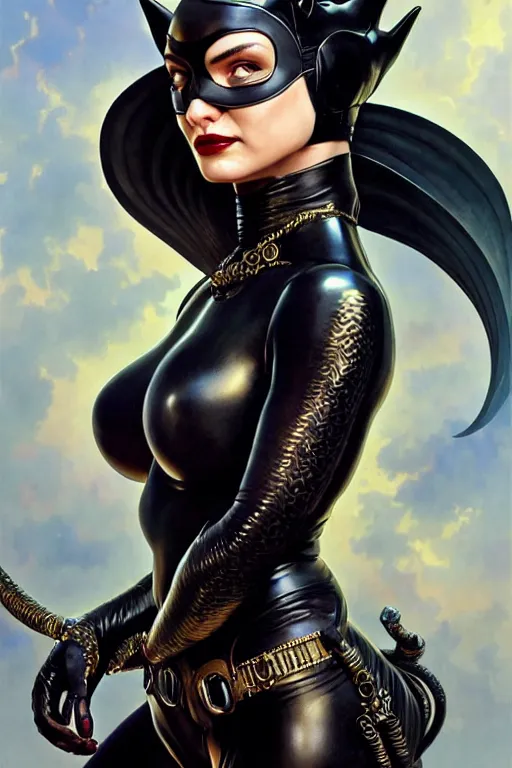 Prompt: painting of catwoman wearing ornate plastic armor, ultra realistic, sharp details, subsurface scattering, intricate details, warm lighting, beautiful features, highly detailed, photorealistic, octane render, 8 k, unreal engine, art by artgerm and greg rutkowski and alphonse mucha