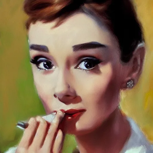 Image similar to closeup portrait of audrey hepburn smoking cigar in the film breakfast at tiffany's ( 1 9 6 1 ), evening, highly detailed, ultrarealistic oil painting, vladimir volegov, artstation