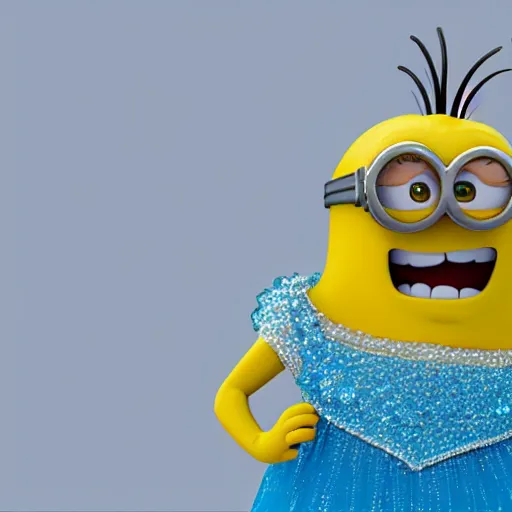 Image similar to Yellow minion from despicable me, dressed as Princess Elsa from Frozen Disney, 3d ray tracing, HD, rendered, highly detailed model