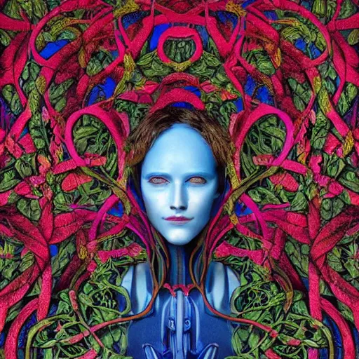 Prompt: A colorful, detailed print - A portrait of a robot composed entirely of flowers and vines. by Arnold Bocklin and Barclay Shaw, masterful print. 4k, unreal engine stunning Art Nouveau